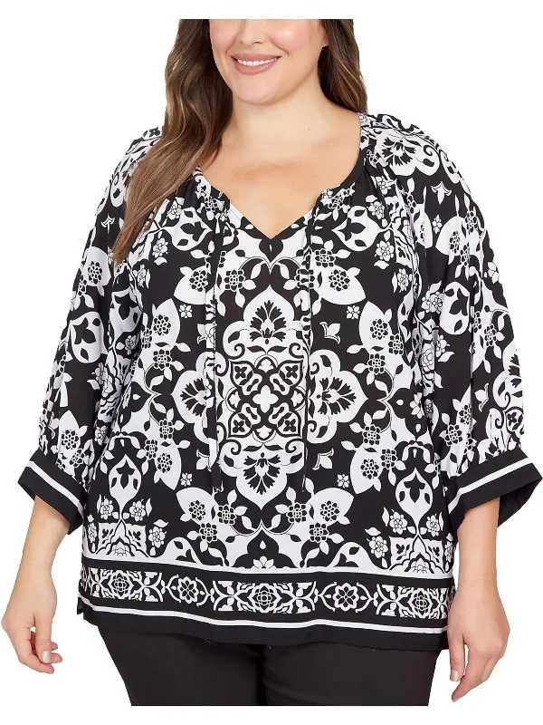 Flash Deals Plus Womens Floral Print V-Neck Blouse