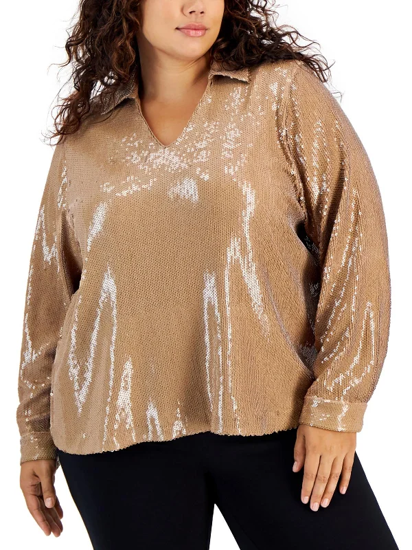 Hurry In Plus Womens Sequined Collared Blouse