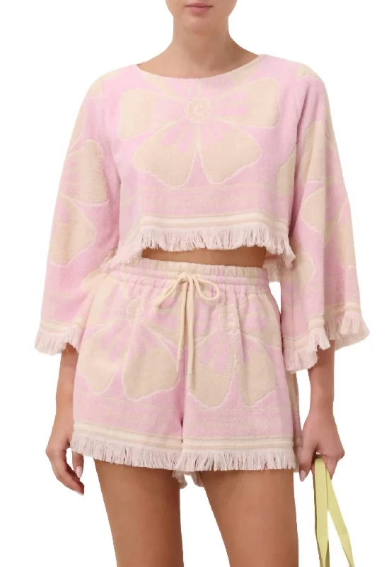 Major Savings Pop Long Sleeve Towelling Crop Top In Pink/cream