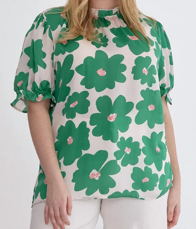Best Seller Poppy Floral Mock Neck Puff Sleeve Top In Green