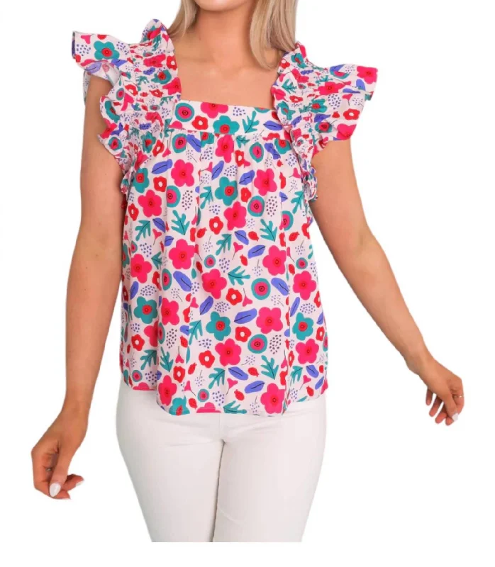 Discount Extravaganza Print Ruffle Sleeve Tank Top In Red