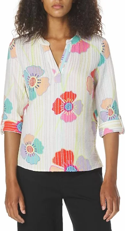 Special Price Printed Roll Sleeve Gauze Top In Multi