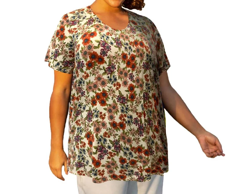 Factory Direct Sale Printed Scoop Neck Short Sleeve Taylor Tunic - Plus Size In White Ground Floral