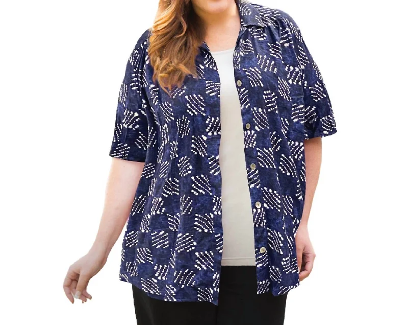 Limited Availability Printed Short Sleeve Collar Button Up Elaine Shirt - Plus Size In Blue Tribal