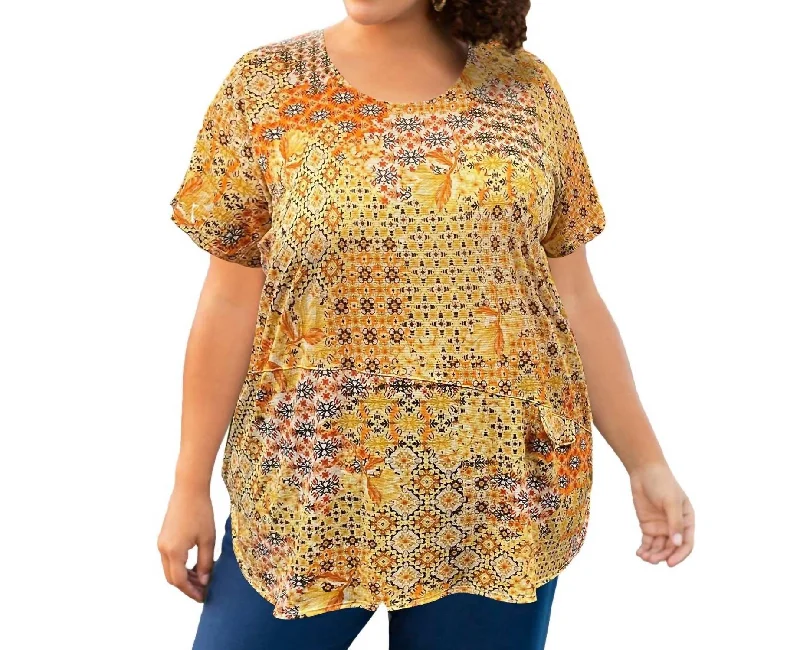 Warehouse Sale Printed Tyler Flair Short Sleeve Top - Plus Size In Yellow Patchwork