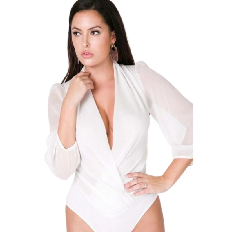 Closeout Sale Puff Sleeve Sheer Surplice Bodysuit