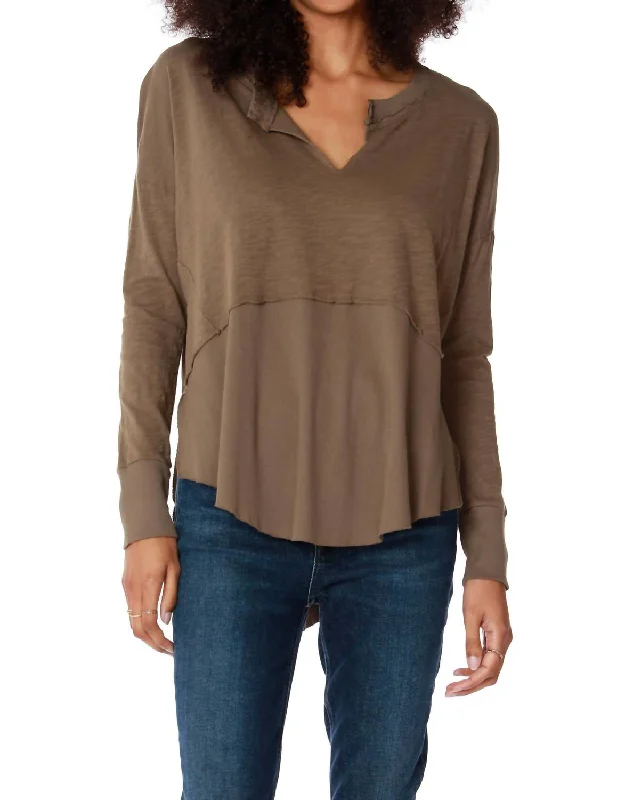 Price Reduction Rib Mixed Fabic Split Neck Top In Olive