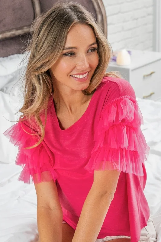 Limited Edition Ruffle Mesh Lace Layered Short Sleeve Top