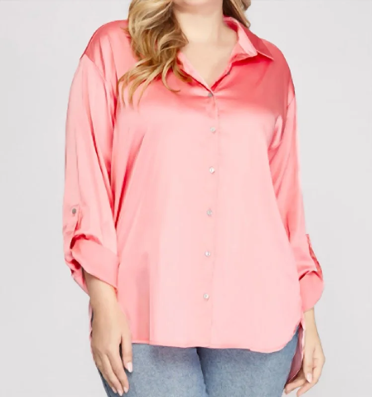 Closeout Sale Satin Long Sleeve Top In Pink