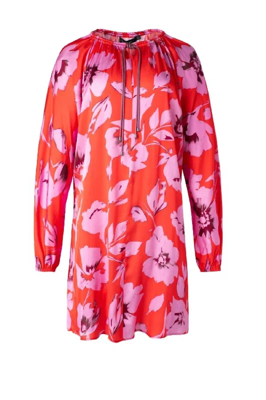 Super Sale Satin Long Sleeve Tunic Dress In Pink Floral