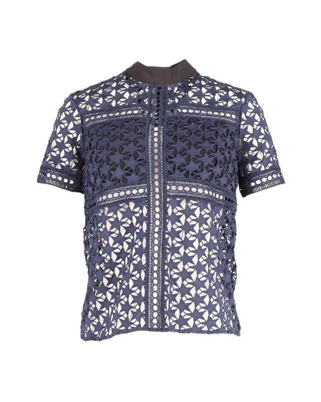 Value Deals Self-Portrait Star Pattern Sheer Top in Navy Blue Polyester