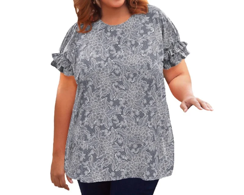 Friends and Family Sale Short Sleeve Ruffle Blouse - Plus Size In Gray Floral