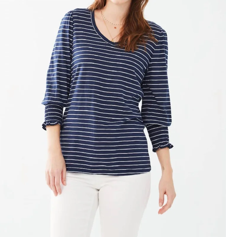 Quick Sale Smocked Cuffs Top In Navy Striped