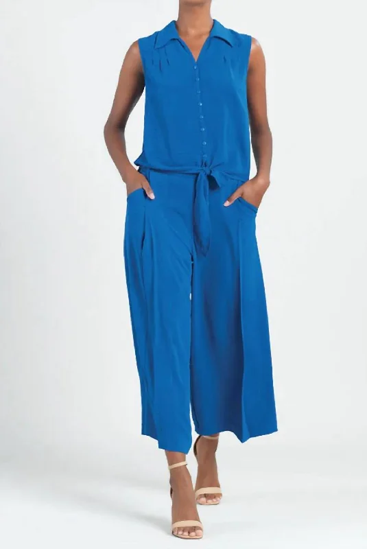 Holiday Sale Soft Textured Rayon - Sleeveless Button Down Tie Hem Top In Cobalt