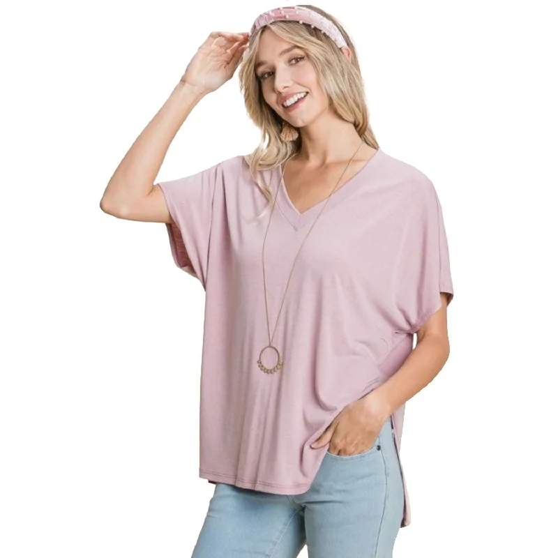 Crazy Savings Solid V Neck Casual And Basic Top With Short Dolman Sleeves And Side Slit Hem
