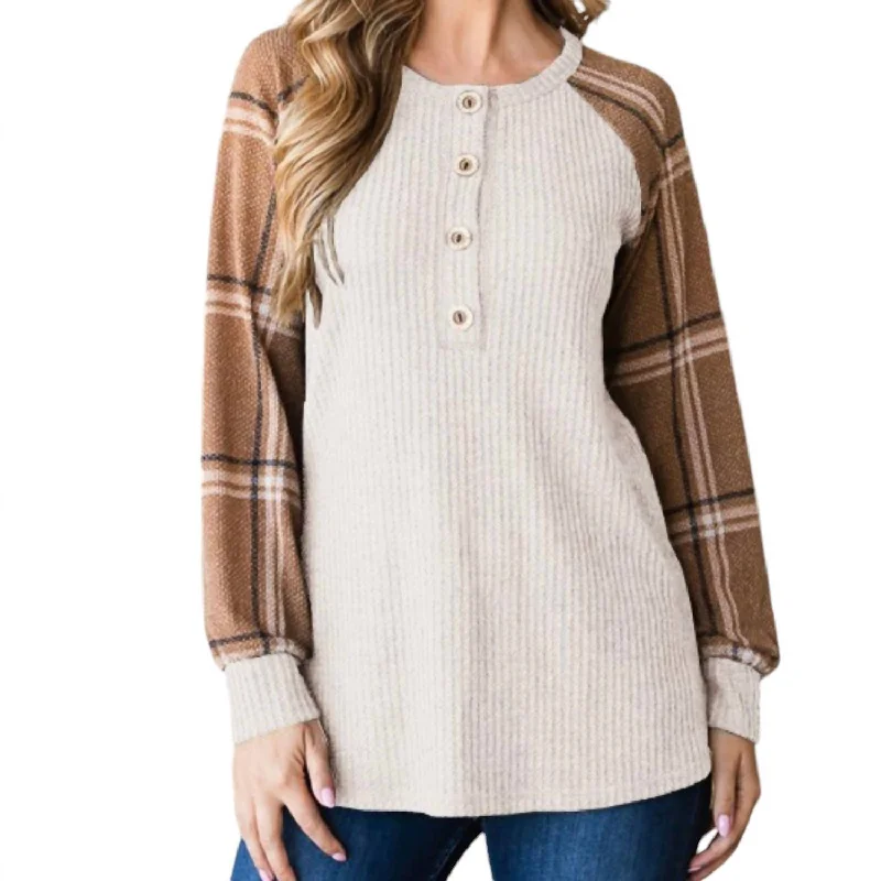 Great Deals Solid Waffle And Plaid Top In Oatmeal