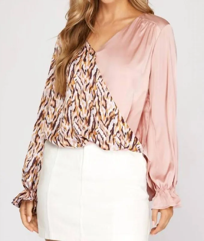 Deal Alert Split Satin Top In Blush/multi