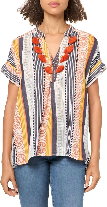 Major Savings Stripe Henley Popover Top In Multi