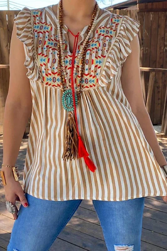 Online Only Striped Aztec Embroidery Blouse In Beige