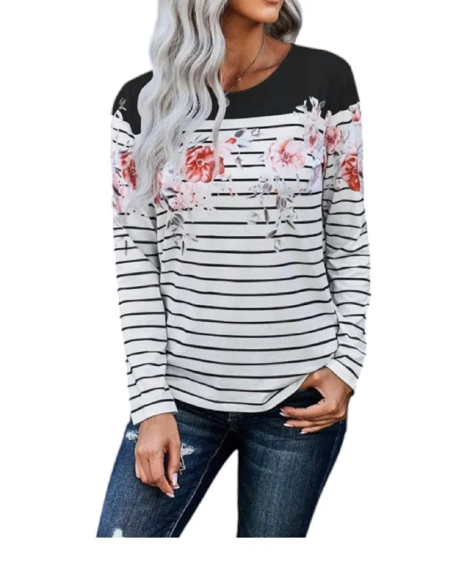 Friends and Family Sale Striped Floral Print Long Sleeve Top In White