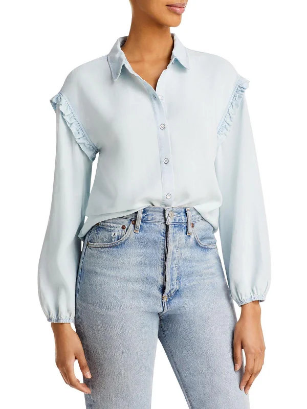 Can't Be Beat Sylvie Womens Ruffled Trim Button Down Blouse