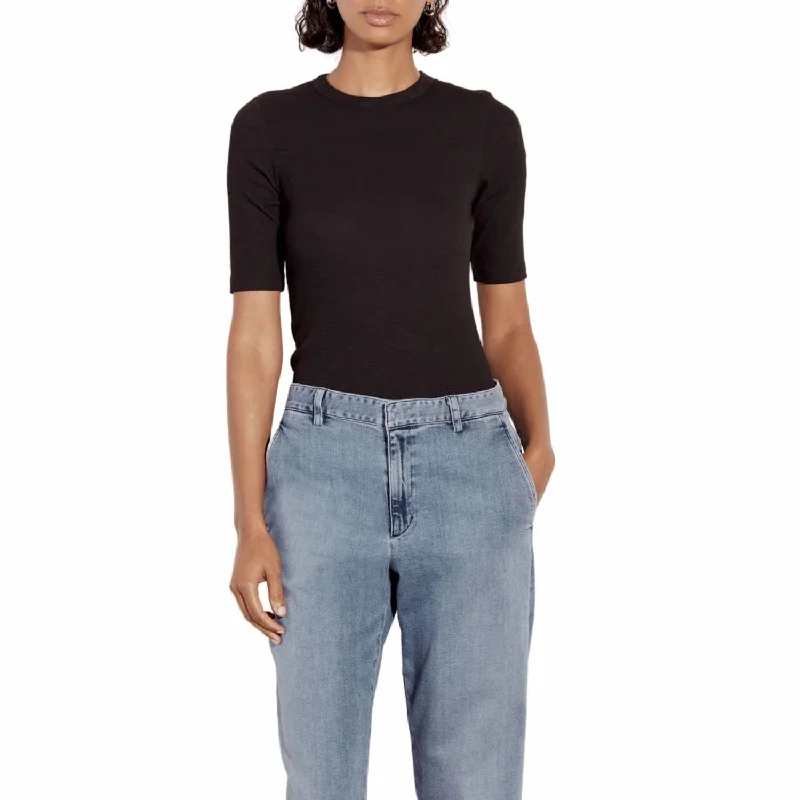 Hurry In Textured Knit Half Sleeve Bodysuit In Black
