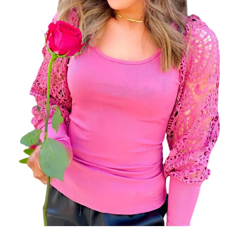 New Deals The Lilah Lace Sleeve Top In Pink