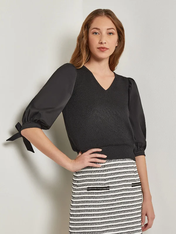 Weekend Deal Tie-Detail Puff Sleeve Blouse - Mixed Media