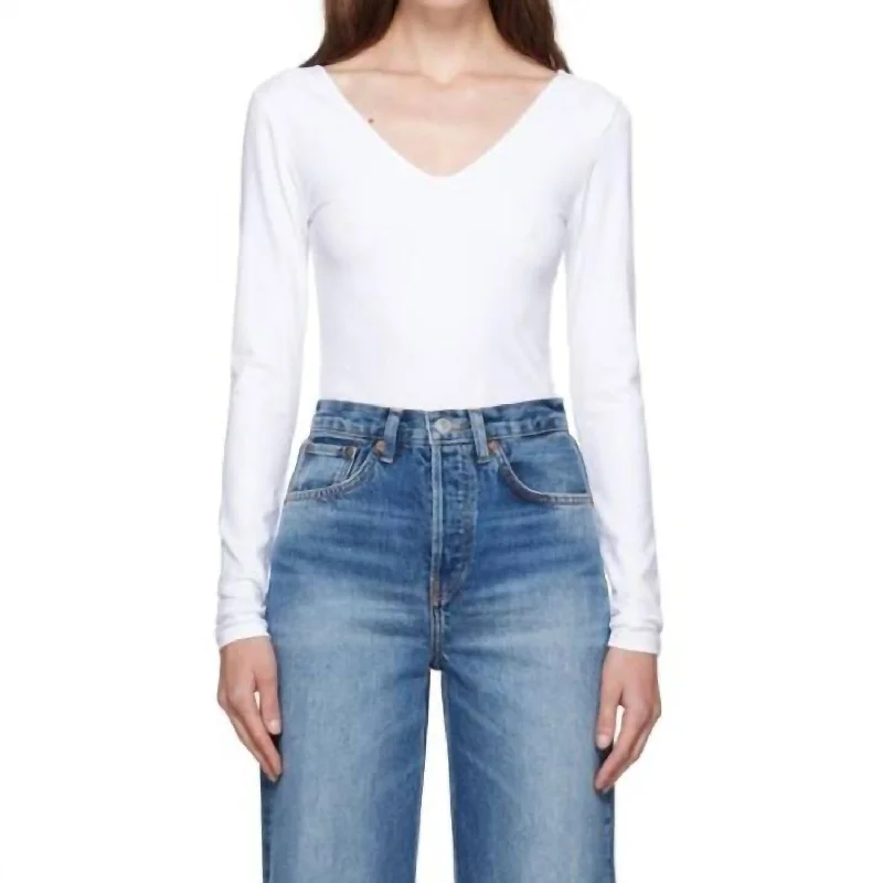 Factory Direct Sale V Neck Long Sleeve Bodysuit In White
