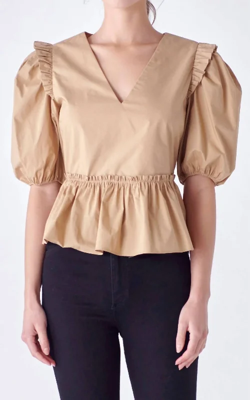 Factory Direct Sale V-Neckline Puff Sleeve Top In Tan