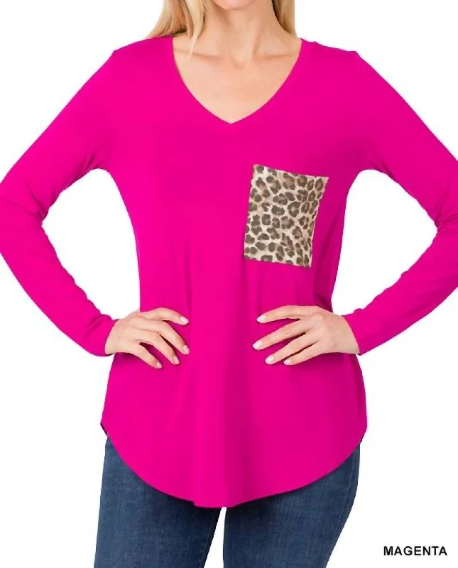Don't Miss Vneck Leopard Pocket Long Sleeve Top In Magenta