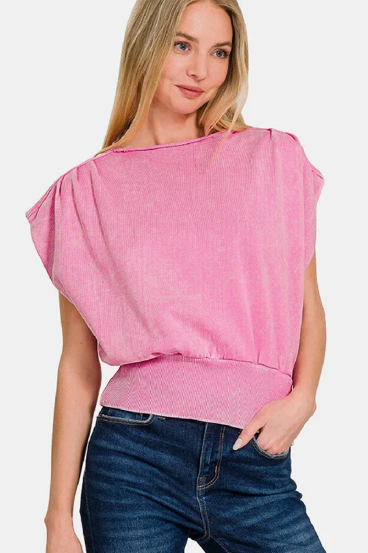 Flash Sale Washed Boat Neck Bottom Banded Dolman Sleeve Top