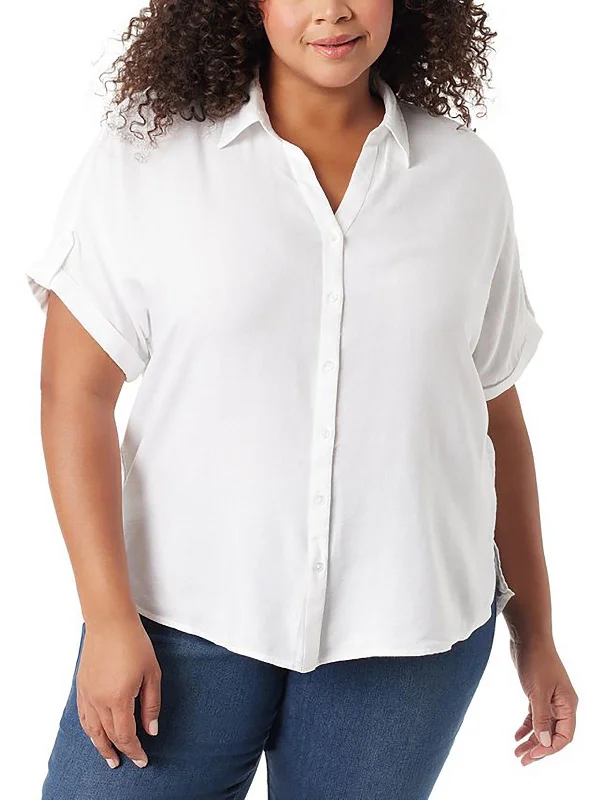 Shop and Save Womens Cotton Blend Short Sleeve Button-Down Top