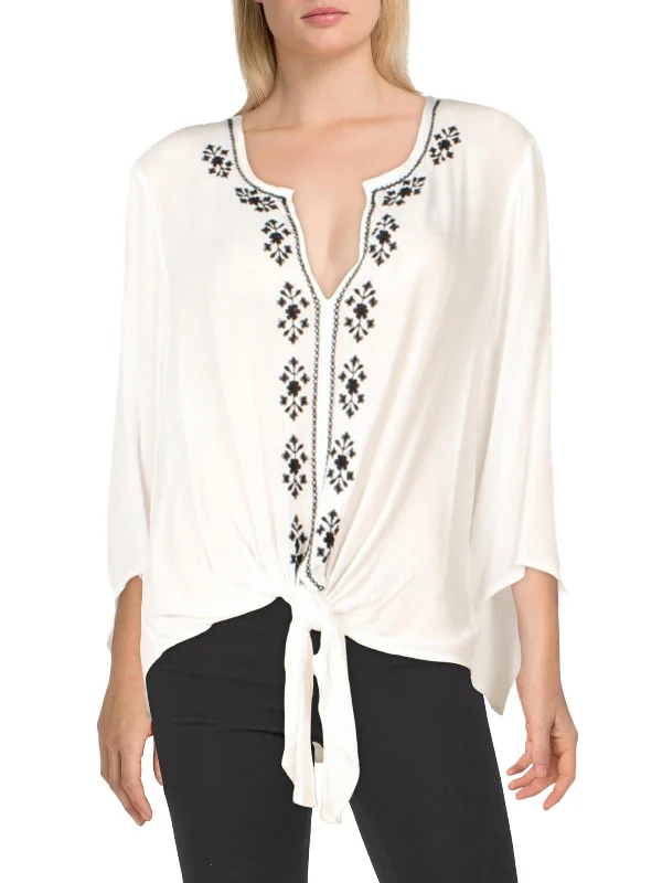 Act Now Womens Embroidered Tie Front Pullover Top