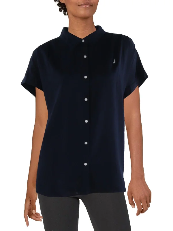 Best Deals Womens Linen Collared Button-Down Top