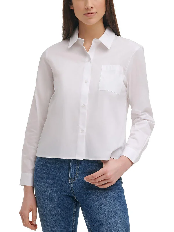 Shop and Save Womens Logo Cropped Button-Down Top