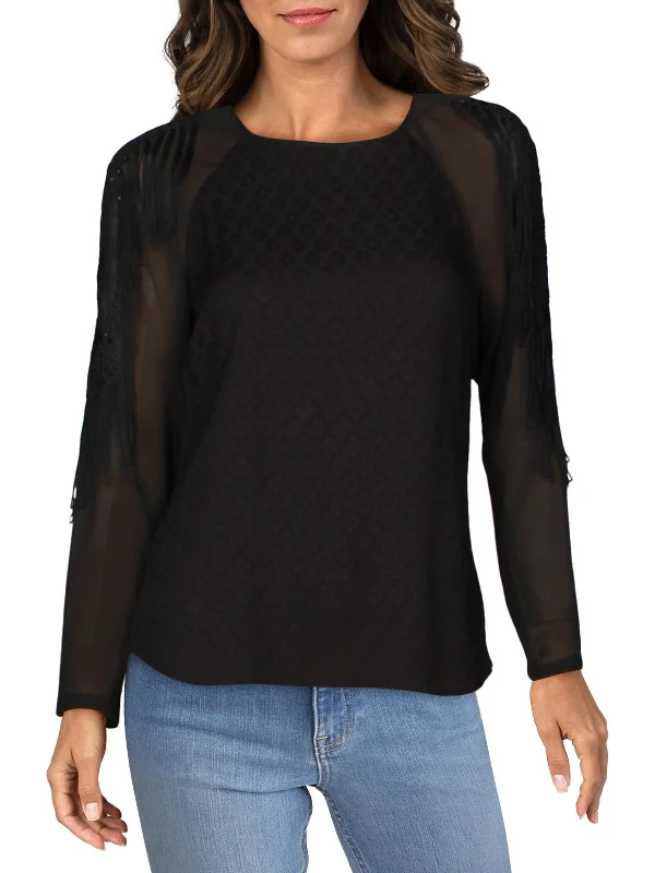 Discount Mania Womens Mock Neck Embroidered Blouse