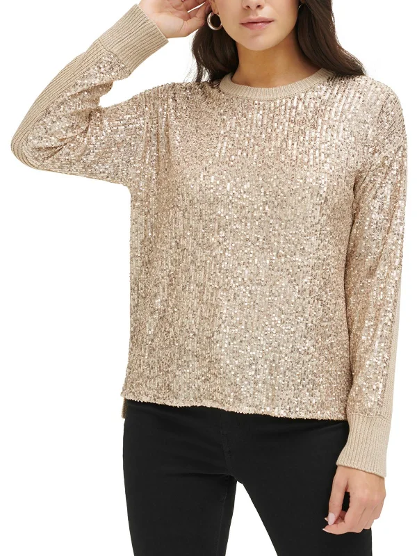 Incredible Offers Womens Sequined Ribbed Cuffs Pullover Top