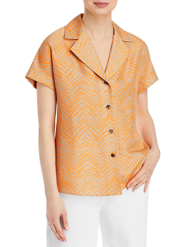Price Rollback Womens Silk Animal Print Button-Down Top