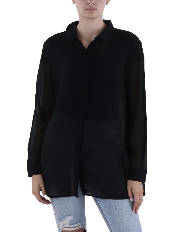 Mega Sale Womens Silk Sheer Button-Down Top