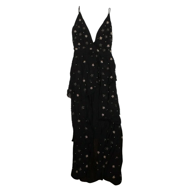 Price Reduction Women's Silk Star Beaded Asymmetric Long Dress -  Black